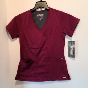 GREY'S ANATOMY 3 POCKET RIBBED CROSSOVER V-NECK SCRUB TOP-SPANDEX STRETCH-SZ XS